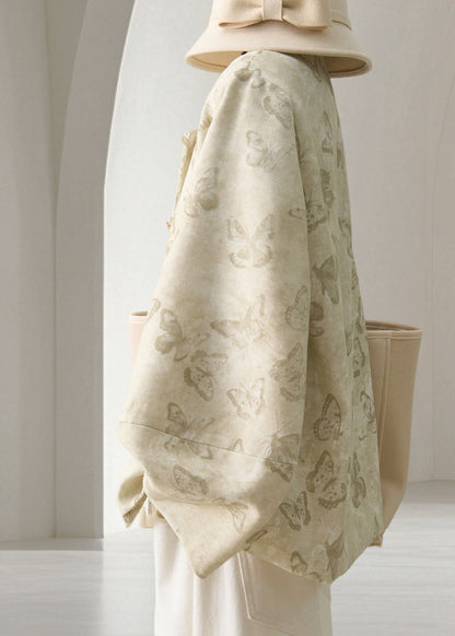 Chinese Style Beige O-Neck Butterfly Print Lace Patchwork Short Coat Fall