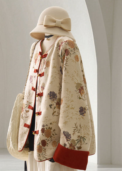 Chinese Style Beige O-Neck Contrast Color Jacquard Jacket Fall