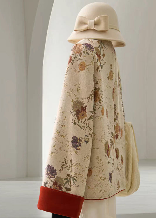 Chinese Style Beige O-Neck Contrast Color Jacquard Jacket Fall