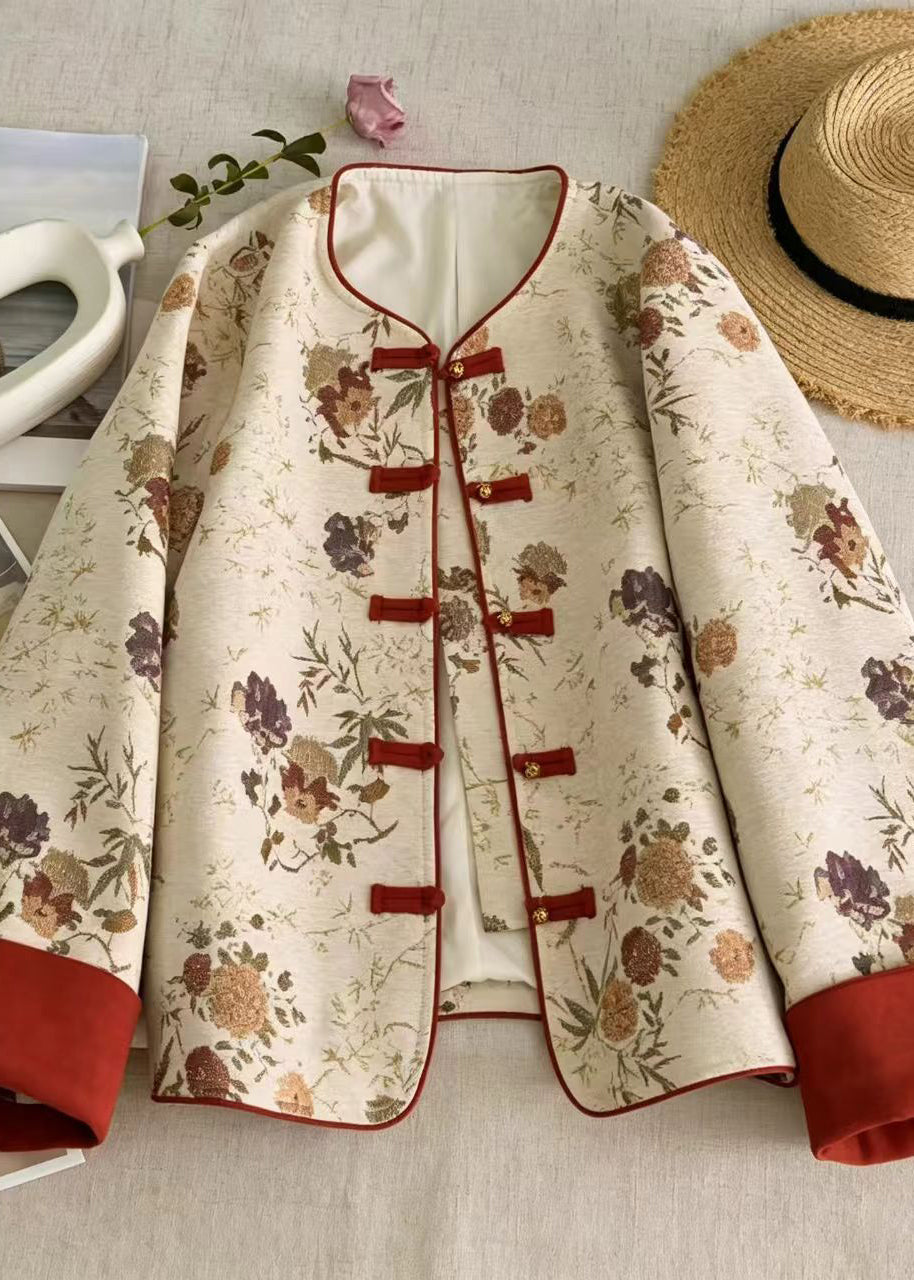 Chinese Style Beige O-Neck Contrast Color Jacquard Jacket Fall