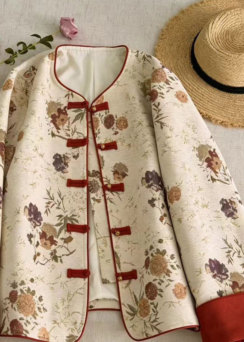 Chinese Style Beige O-Neck Contrast Color Jacquard Jacket Fall