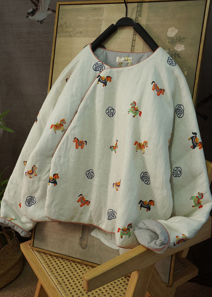 Chinese Style Beige Print Fine Cotton Filled Warm Thick Top Winter