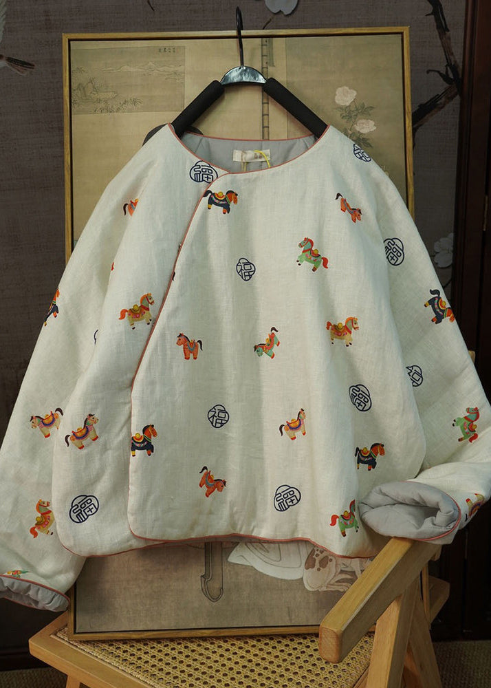 Chinese Style Beige Print Fine Cotton Filled Warm Thick Top Winter