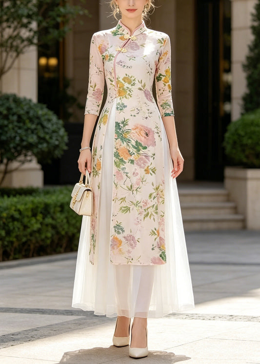 Chinese Style Beige Print Side Open Chiffon Two-Piece Set Summer