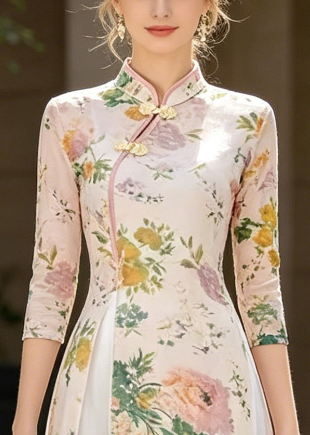 Chinese Style Beige Print Side Open Chiffon Two-Piece Set Summer