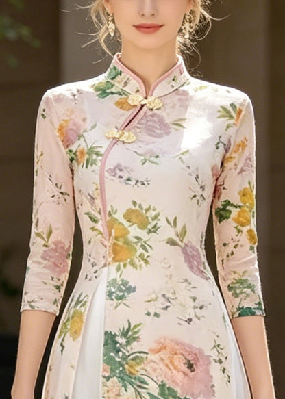 Chinese Style Beige Print Side Open Chiffon Two-Piece Set Summer