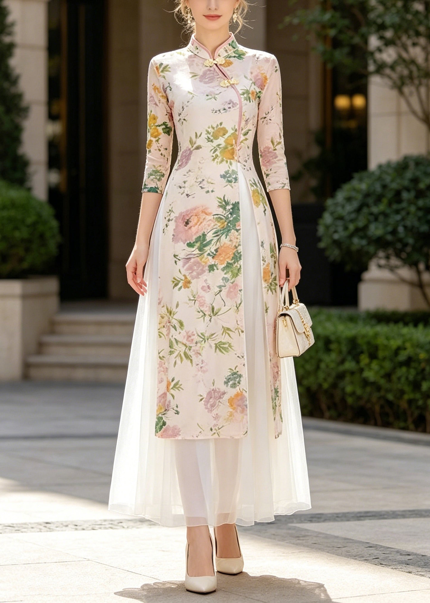 Chinese Style Beige Print Side Open Chiffon Two-Piece Set Summer