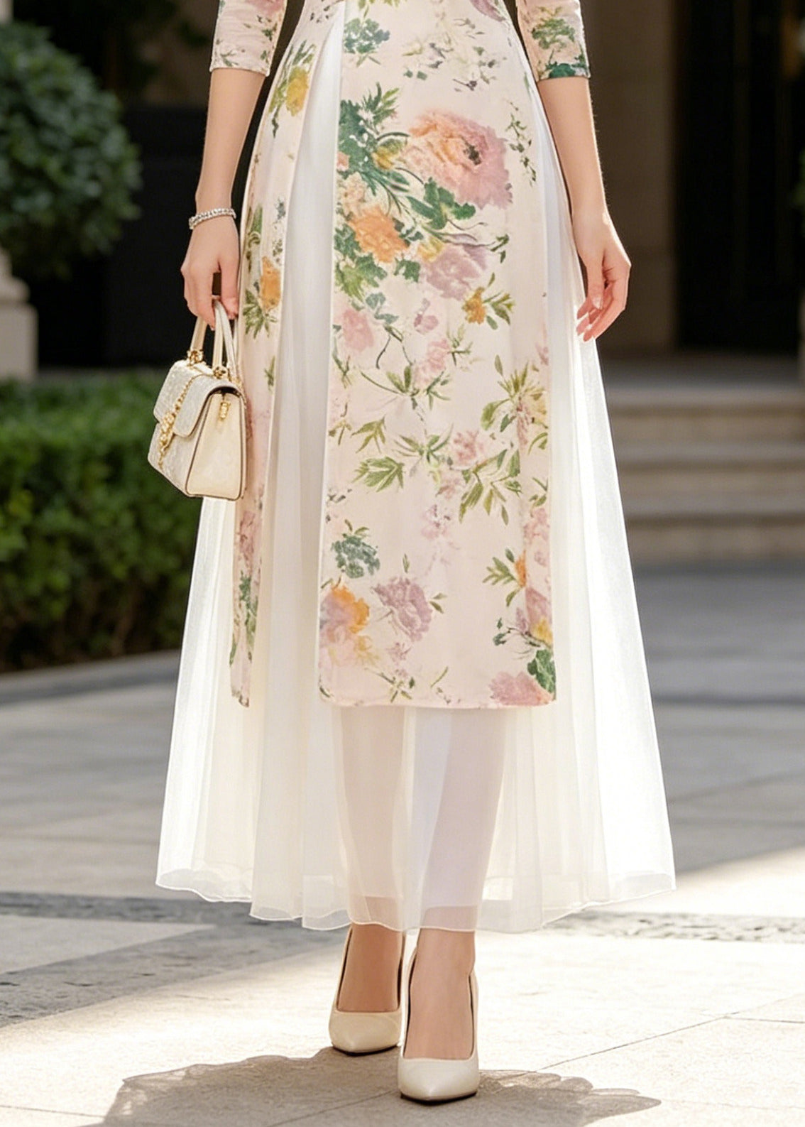 Chinese Style Beige Print Side Open Chiffon Two-Piece Set Summer