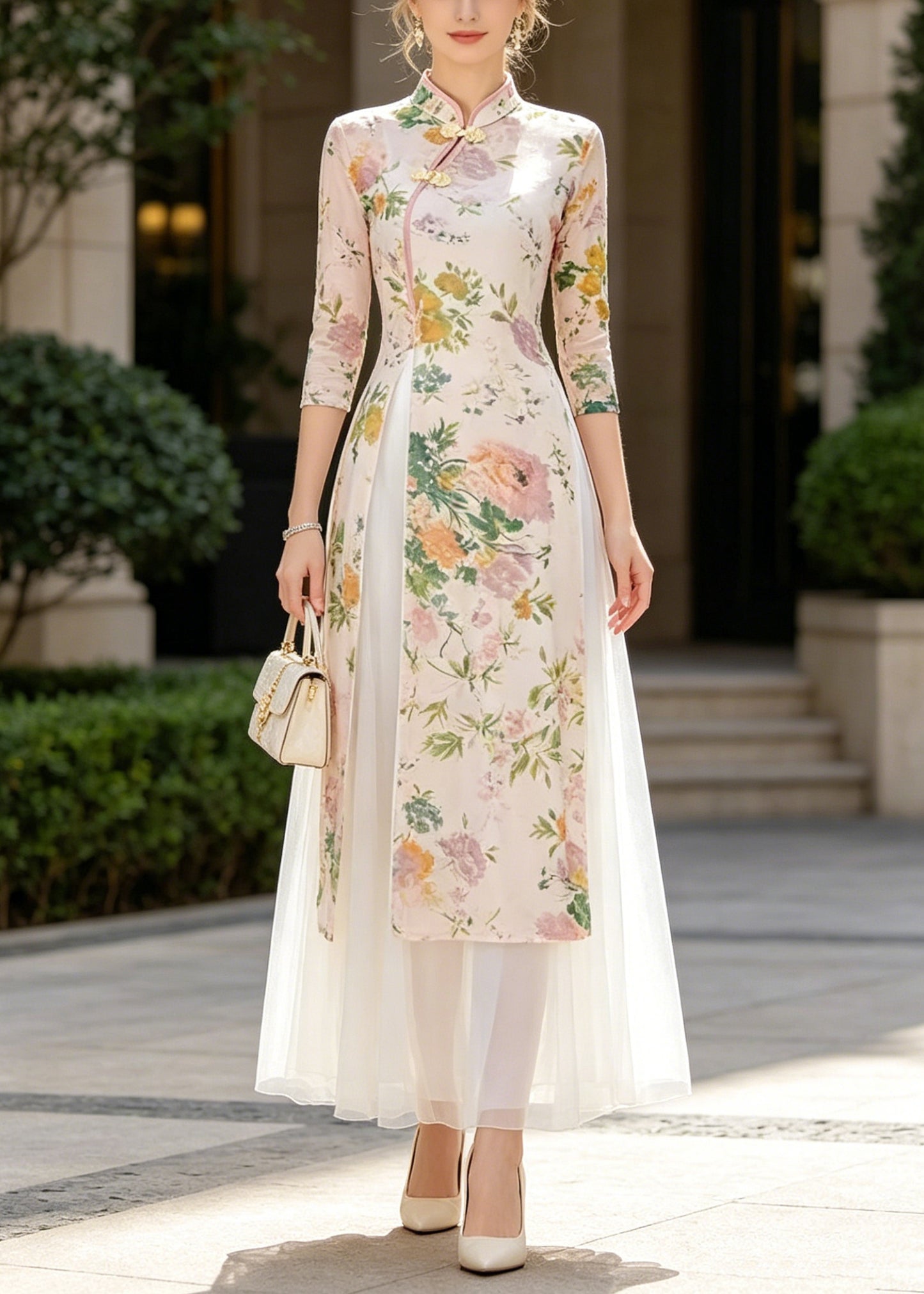 Chinese Style Beige Print Side Open Chiffon Two-Piece Set Summer