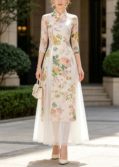 Chinese Style Beige Print Side Open Chiffon Two-Piece Set Summer