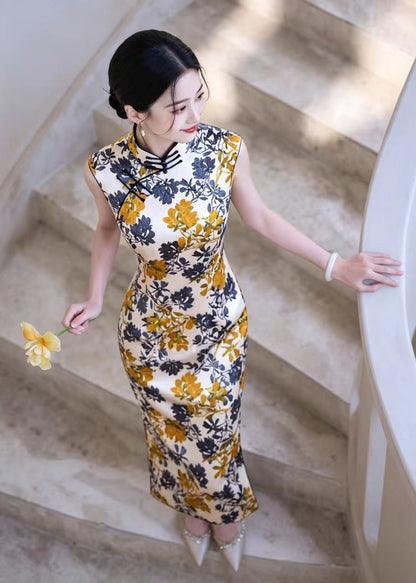 Chinese Style Beige Print Stand Collar Side Open Dresses Sleeveless