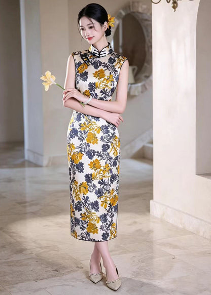 Chinese Style Beige Print Stand Collar Side Open Dresses Sleeveless
