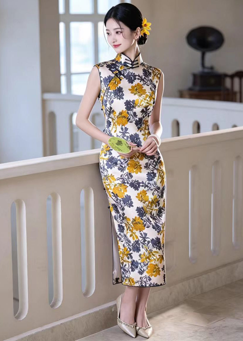Chinese Style Beige Print Stand Collar Side Open Dresses Sleeveless