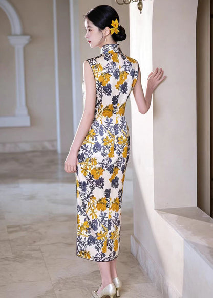 Chinese Style Beige Print Stand Collar Side Open Dresses Sleeveless