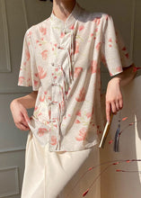 Load image into Gallery viewer, Chinese Style Beige Stand Collar Print Silk Shirt Summer