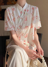 Load image into Gallery viewer, Chinese Style Beige Stand Collar Print Silk Shirt Summer