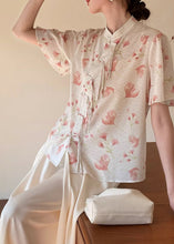 Load image into Gallery viewer, Chinese Style Beige Stand Collar Print Silk Shirt Summer