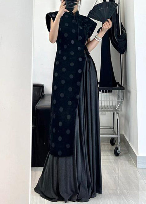 Chinese Style Black Asymmetrical Lace Up Cotton Dress Summer