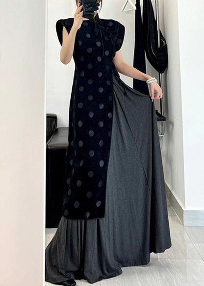 Chinese Style Black Asymmetrical Lace Up Cotton Dress Summer