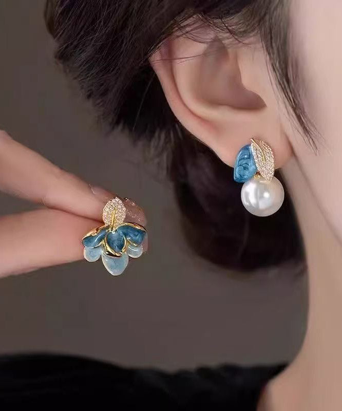 Chinese Style Black Copper Alloy Zircon Asymmetrical Enamel Pearl Leaves Drop Earrings