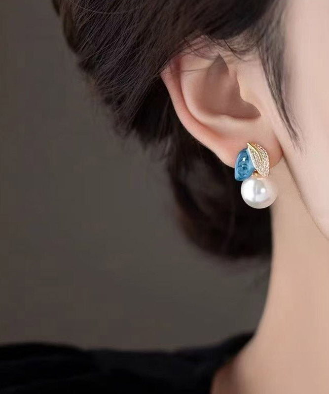 Chinese Style Black Copper Alloy Zircon Asymmetrical Enamel Pearl Leaves Drop Earrings