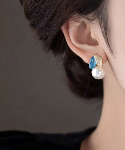 Chinese Style Black Copper Alloy Zircon Asymmetrical Enamel Pearl Leaves Drop Earrings