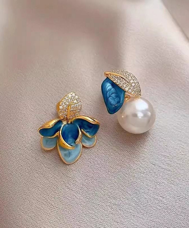 Chinese Style Black Copper Alloy Zircon Asymmetrical Enamel Pearl Leaves Drop Earrings