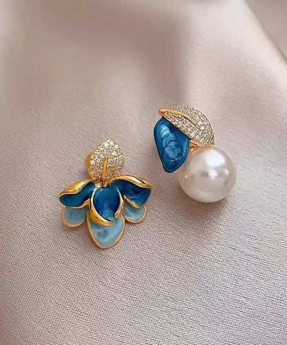 Chinese Style Black Copper Alloy Zircon Asymmetrical Enamel Pearl Leaves Drop Earrings