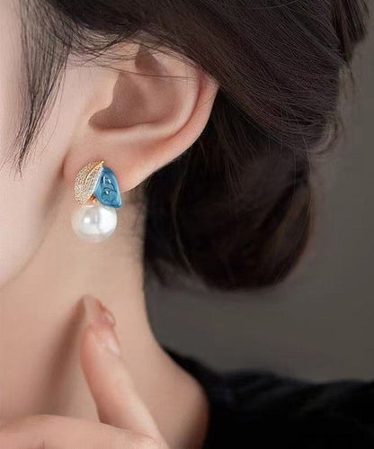 Chinese Style Black Copper Alloy Zircon Asymmetrical Enamel Pearl Leaves Drop Earrings