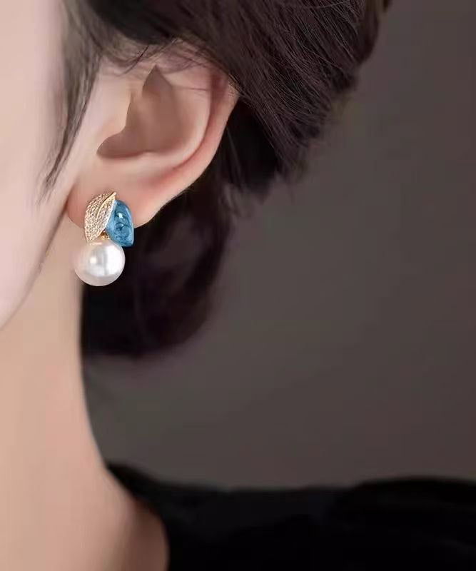 Chinese Style Black Copper Alloy Zircon Asymmetrical Enamel Pearl Leaves Drop Earrings