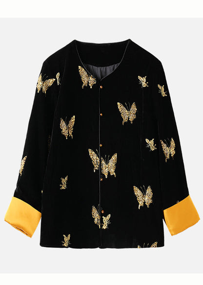 Chinese Style Black Embroidered Butterfly Silk Velvet Coat Spring