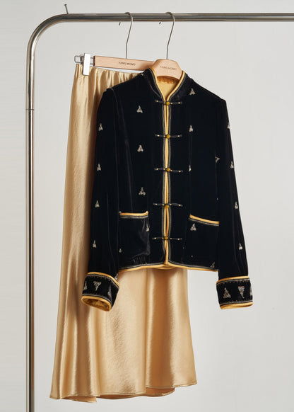 Chinese Style Black Embroidered Chinese Button Silk Velvet Coats Fall