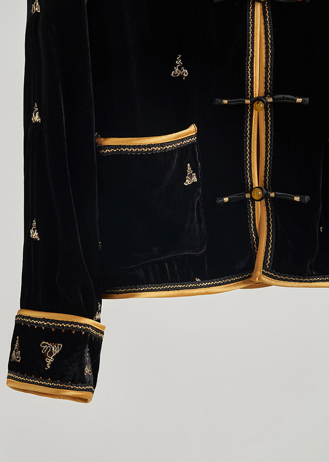 Chinese Style Black Embroidered Chinese Button Silk Velvet Coats Fall