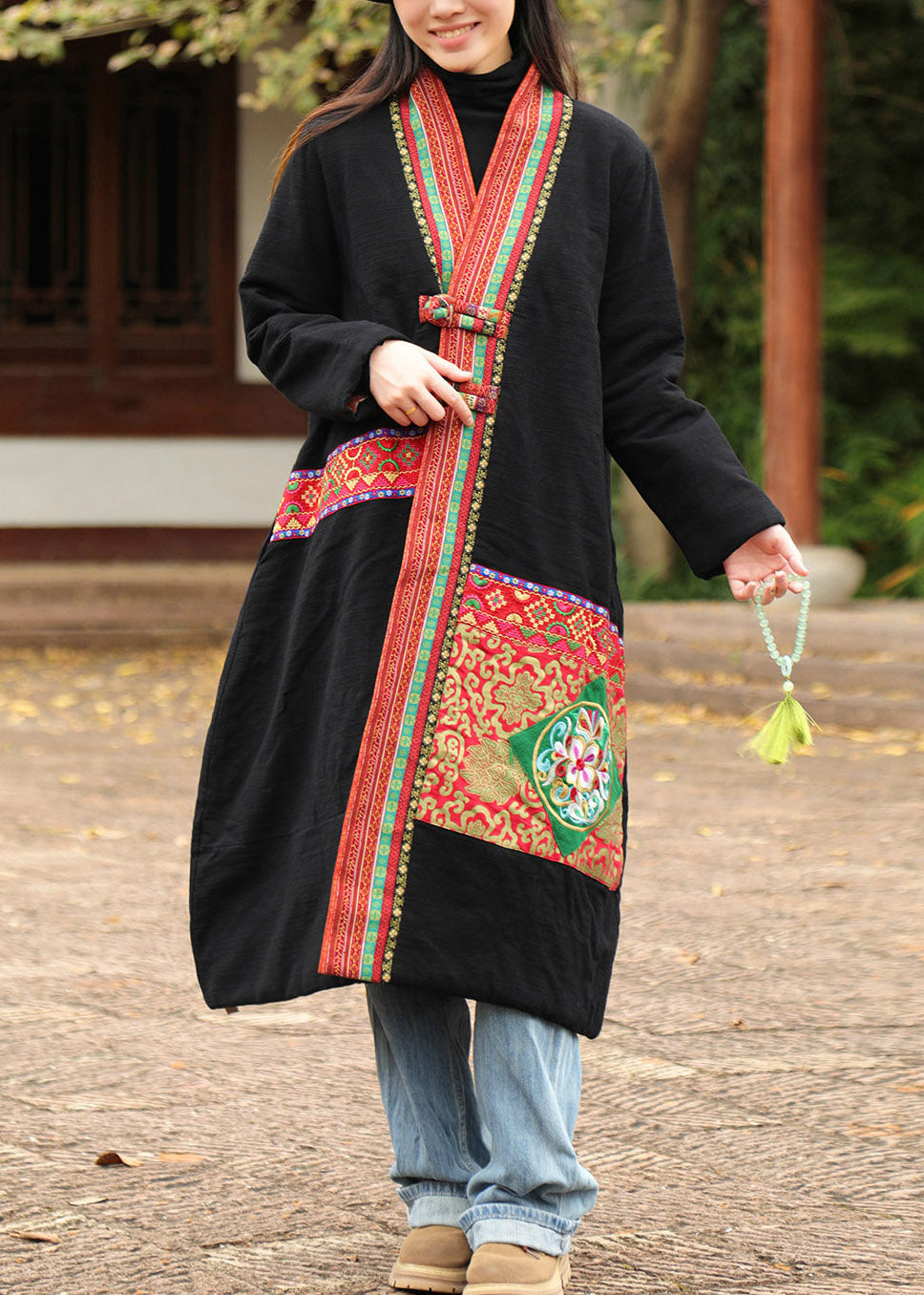 Chinese Style Black Embroidered Maxi Parka Winter