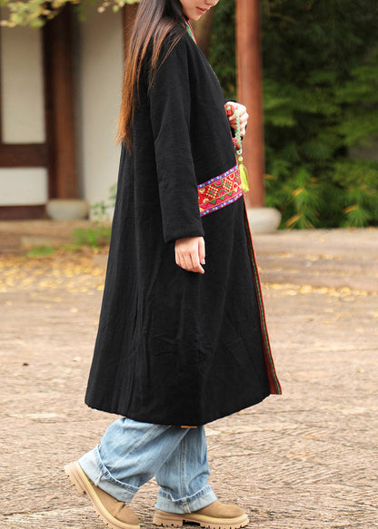 Chinese Style Black Embroidered Maxi Parka Winter