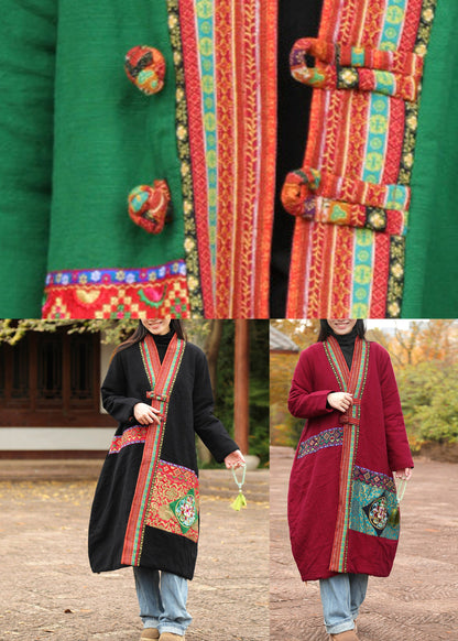 Chinese Style Black Embroidered Maxi Parka Winter