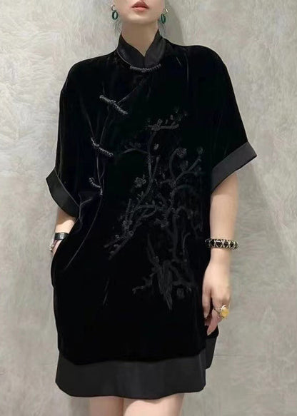 Chinese Style Black Embroidered Patchwork Silk Velour Dress Summer