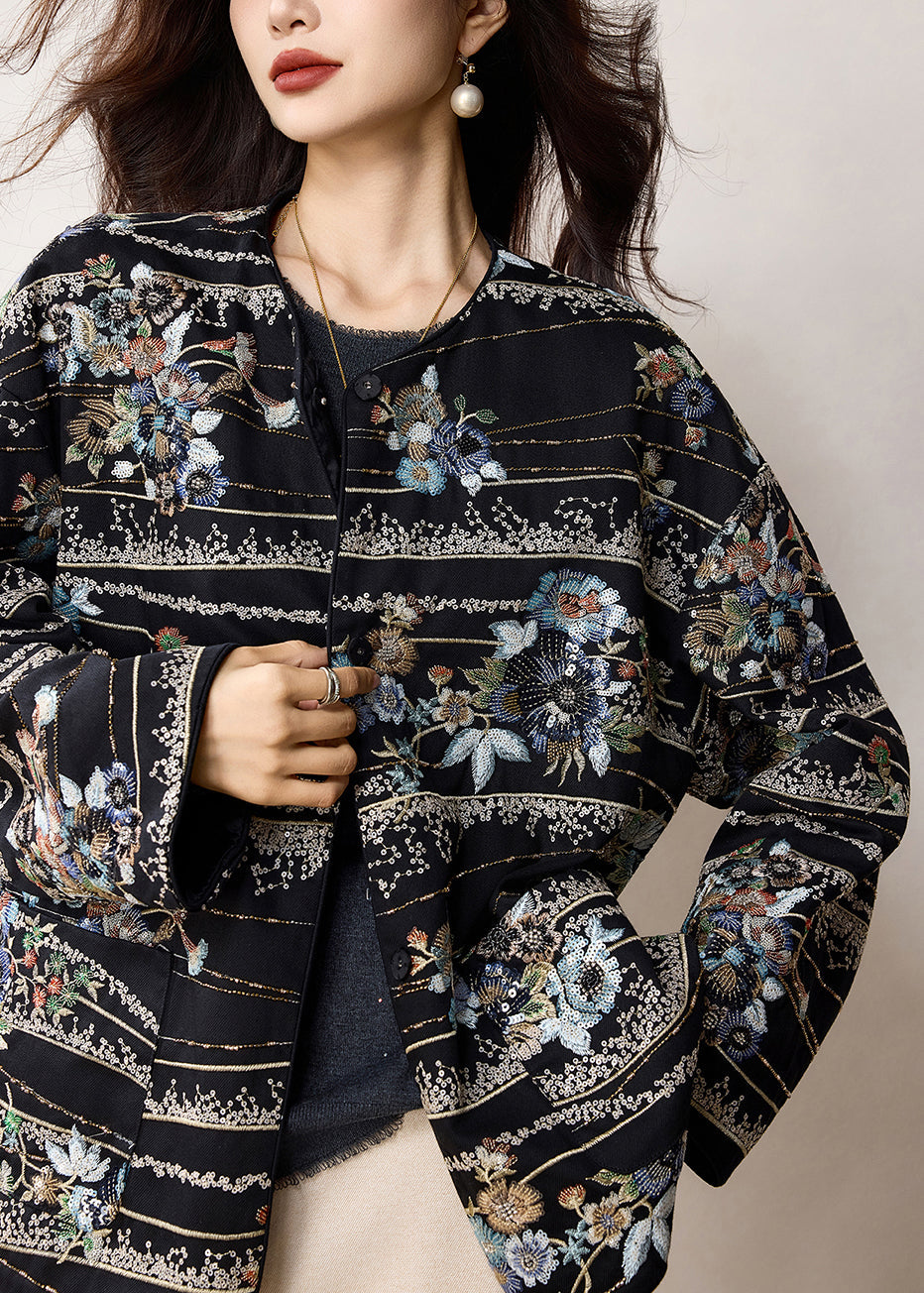 Chinese Style Black Embroidered Sequins Cotton Coats Spring