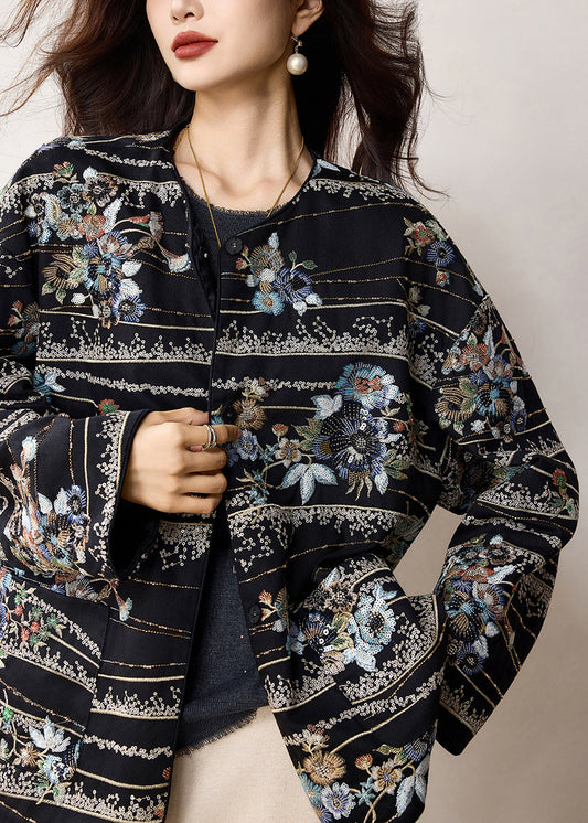 Chinese Style Black Embroidered Sequins Cotton Coats Spring