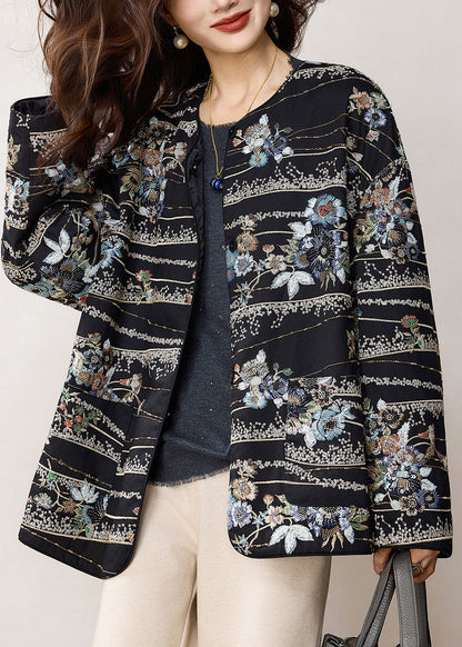 Chinese Style Black Embroidered Sequins Cotton Coats Spring