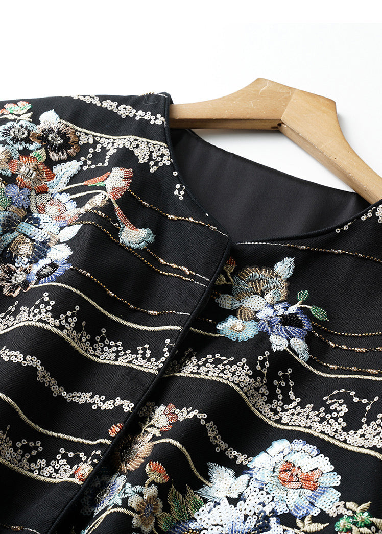Chinese Style Black Embroidered Sequins Cotton Coats Spring