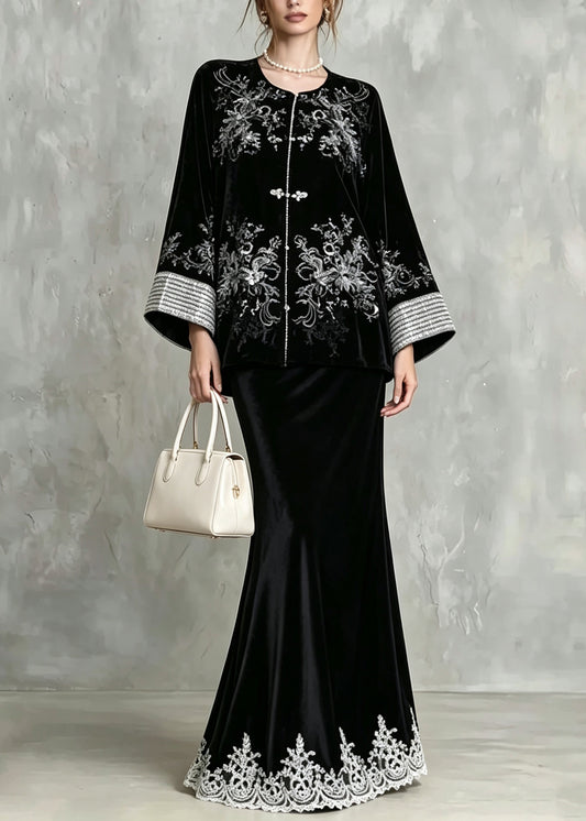 Chinese Style Black Embroidered Sequins Velvet 3 Piece Outfit Fall