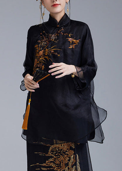 Chinese Style Black Embroidered Silk Top Bracelet Sleeve