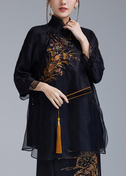Chinese Style Black Embroidered Silk Top Bracelet Sleeve