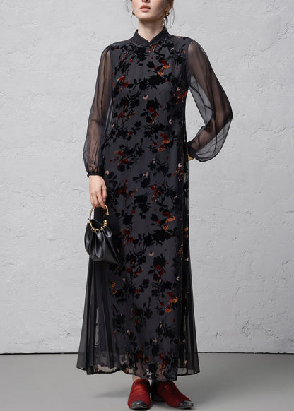 Chinese Style Black Flocked Jacquard Stand Collar Dresses Spring