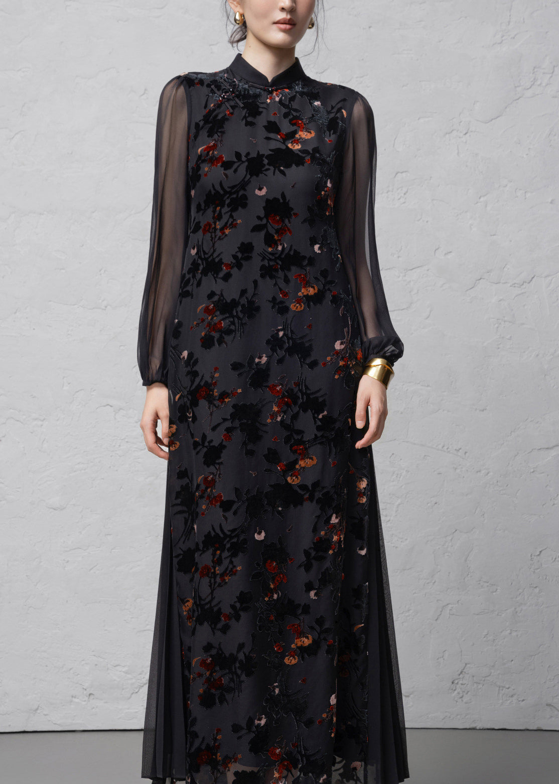 Chinese Style Black Flocked Jacquard Stand Collar Dresses Spring