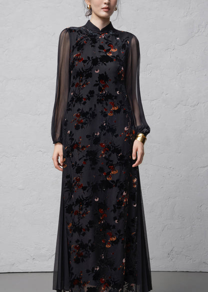 Chinese Style Black Flocked Jacquard Stand Collar Dresses Spring
