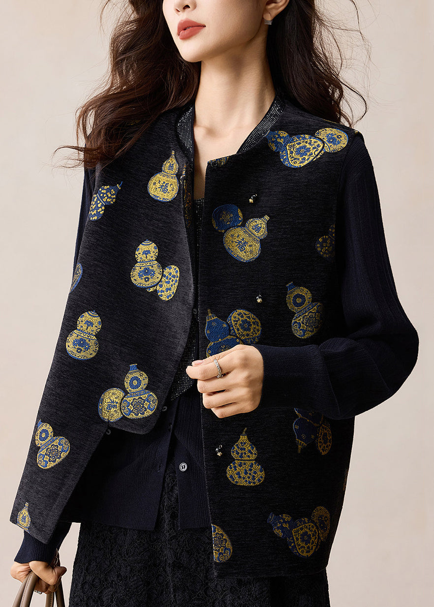 Chinese Style Black Jacquard Gourd Waistcoat Sleeveless