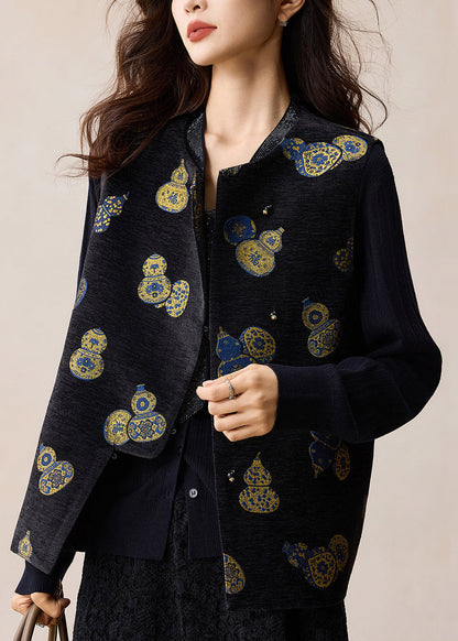 Chinese Style Black Jacquard Gourd Waistcoat Sleeveless