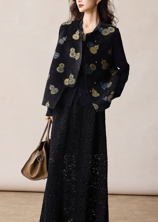 Chinese Style Black Jacquard Gourd Waistcoat Sleeveless